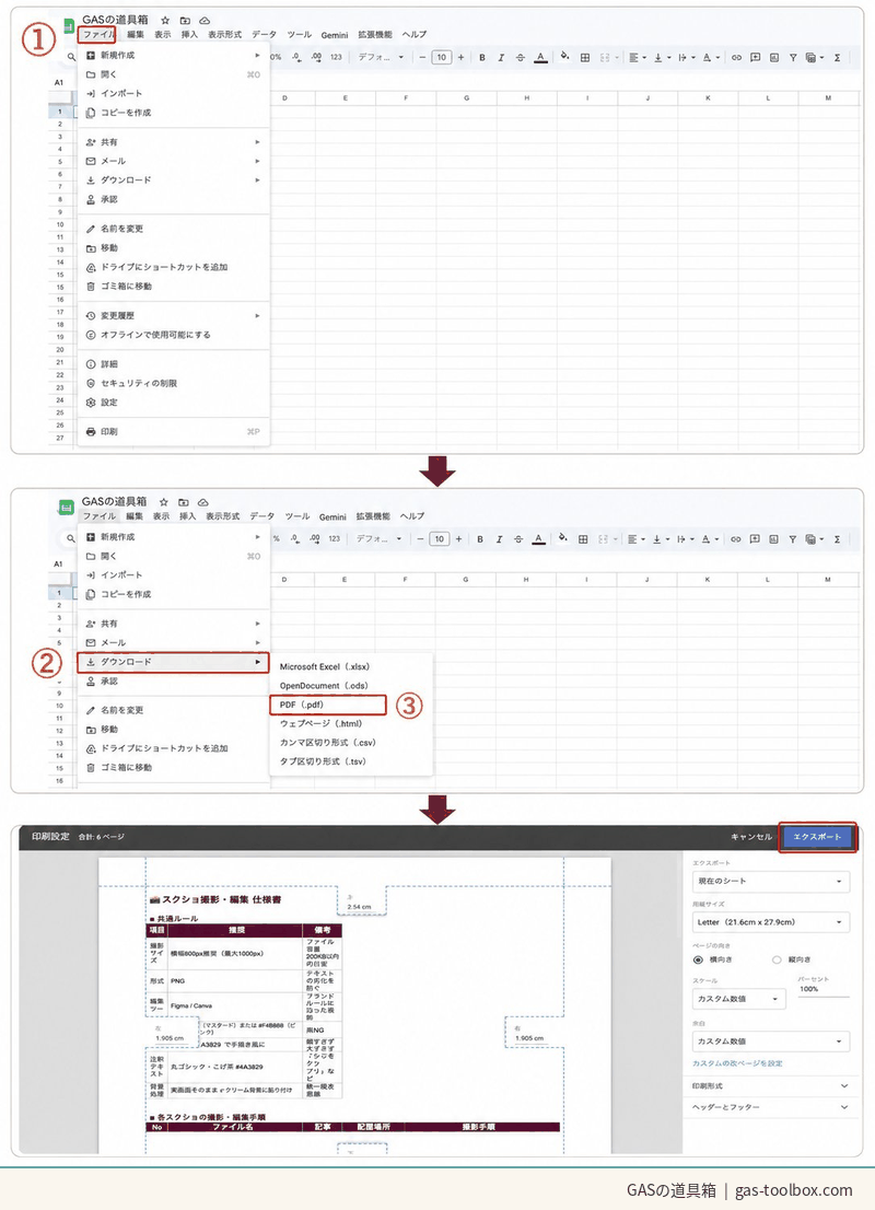 PC版Googleスプレッドシートで「ファイル」→「ダウンロード」→「PDF（.pdf）」を選択するメニュー遷移のスクショ