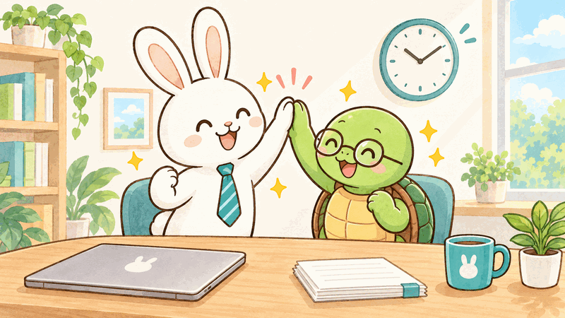 ぴょん吉とカメ吉がハイタッチしている様子